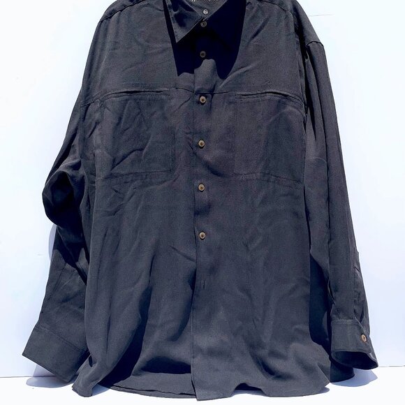 VTG Men’s Cypress Grove 100% Silk Long Sleeve Button Down Shirt, Black XXL - Picture 3 of 8